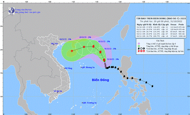 Tin bão trên Biển Đông (Cơn bão số 7) (Tin phát lúc 20h00 ngày 31/10/2022)