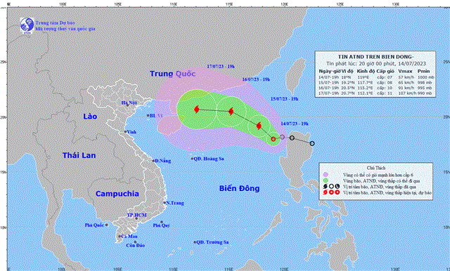 Tin áp thấp nhiệt đới trên biển Đông (Tin phát lúc 20h00 ngày 14/7/2023)