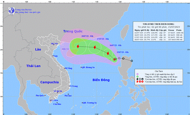 Tin áp thấp nhiệt đới trên biển Đông (Tin phát lúc 02h00 ngày 15/7/2023)