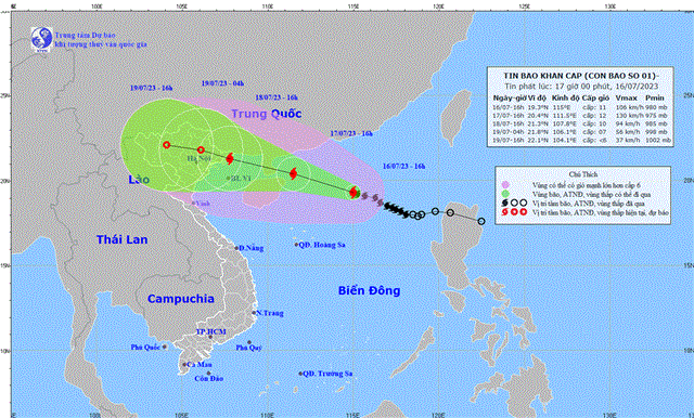 Tin bão khẩn cấp (Cơn bão số 1) (Tin phát lúc 17h00 ngày 16/7/2023)