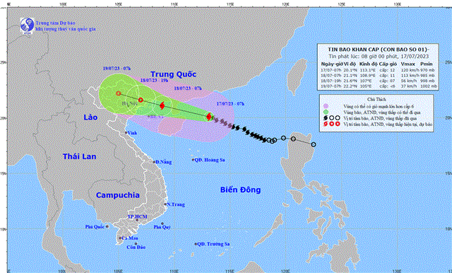 Tin bão khẩn cấp (Cơn bão số 1) (Tin phát lúc 08h00 ngày 17/7/2023)