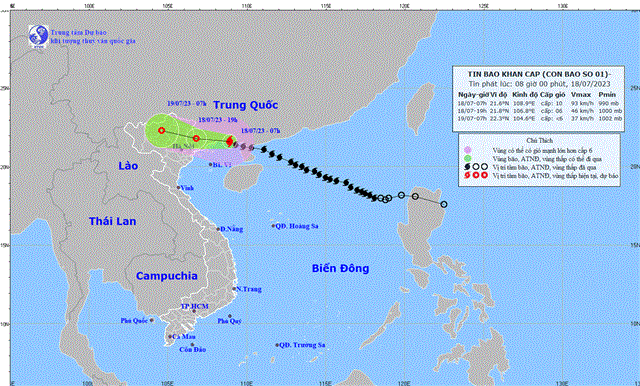 Tin bão khẩn cấp (Cơn bão số 1) (Tin phát lúc 08h00 ngày 18/7/2023)