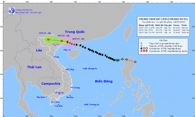 Tin bão trên đất liền (Cơn bão số 1) (Tin phát lúc 11h00 ngày 18/7/2023)