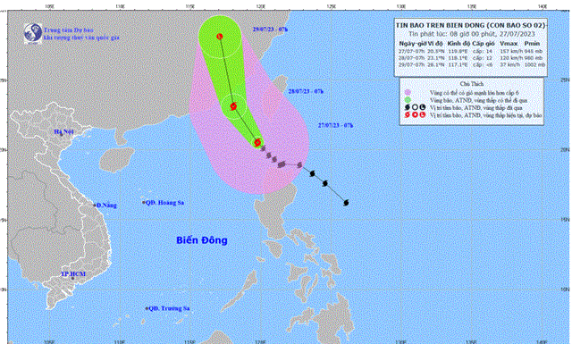 Tin bão trên Biển Đông (Cơn bão số 02) (Tin phát lúc 08h00 ngày 27/07/2023)