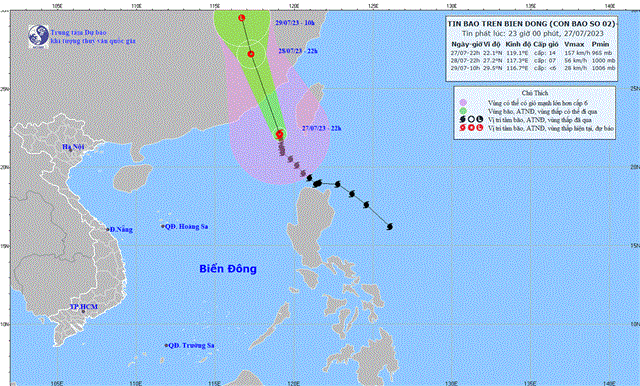 Tin bão trên Biển Đông (Cơn bão số 02) (Tin phát lúc 23h00 ngày 27/07/2023)