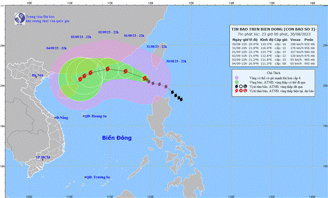 Tin bão trên Biển Đông (Cơn bão số 3) (Tin phát lúc 23h00 ngày 30/8/2023)