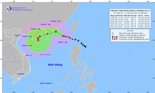 Tin bão trên Biển Đông (Cơn bão số 3) (Tin phát lúc 11h00 ngày 31/8/2023) 