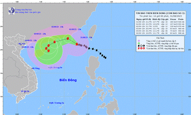 Tin bão trên Biển Đông (Cơn bão số 3) (Tin phát lúc 14h00 ngày 31/8/2023)