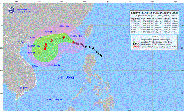 Tin bão trên Biển Đông (Cơn bão số 3) (Tin phát lúc 17h00 ngày 31/8/2023)