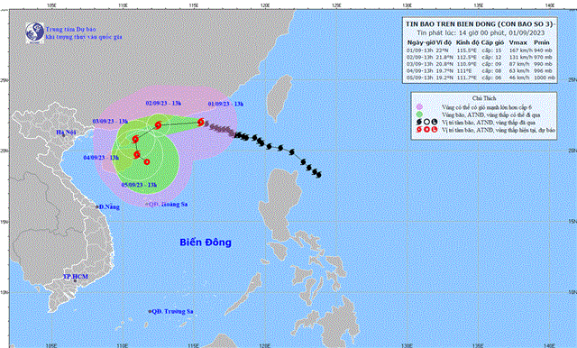 Tin bão trên Biển Đông (Cơn bão số 3) (Tin phát lúc 14h00 ngày 01/9/2023)