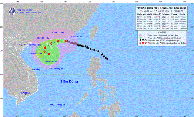 Tin bão trên Biển Đông (Cơn bão số 3) (Tin phát lúc 17h00 ngày 01/9/2023)