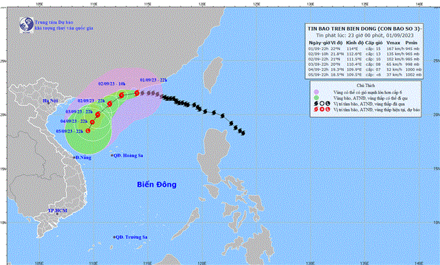 Tin bão trên Biển Đông (Cơn bão số 3) (Tin phát lúc 23h00 ngày 01/9/2023)