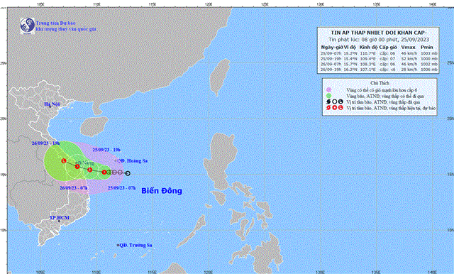 Tin áp thấp nhiệt đới khẩn cấp (Tin phát lúc 08h00 ngày 25/09/2023)