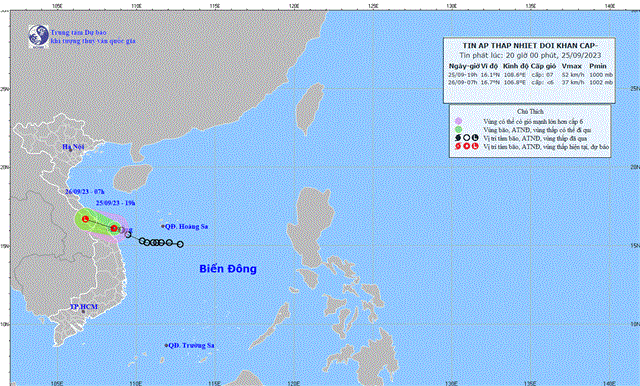 Tin áp thấp nhiệt đới khẩn cấp (Tin phát lúc 20h00 ngày 25/09/2023)