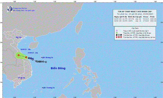 Tin áp thấp nhiệt đới khẩn cấp (Tin phát lúc 23h00 ngày 25/09/2023)