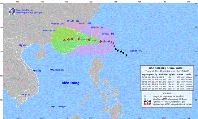 Tin bão gần biển Đông - Cơn bão KOINU (Tin phát lúc 20h00 ngày 04/10/2023)