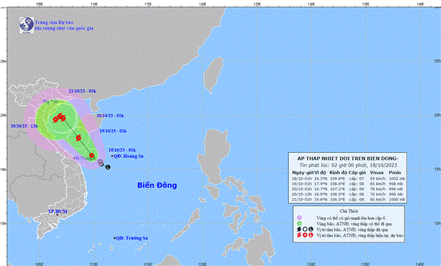 Tin áp thấp nhiệt đới trên Biển Đông (Tin phát lúc 02h00 ngày 18/10/2023)