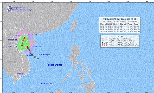 Tin bão khẩn cấp - Cơn bão số 5 - SANBA (Tin phát lúc 23h00 ngày 18/10/2023)