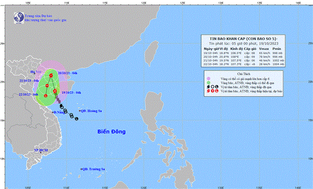 Tin bão khẩn cấp - Cơn bão số 5 - SANBA (Tin phát lúc 05h00 ngày 19/10/2023)