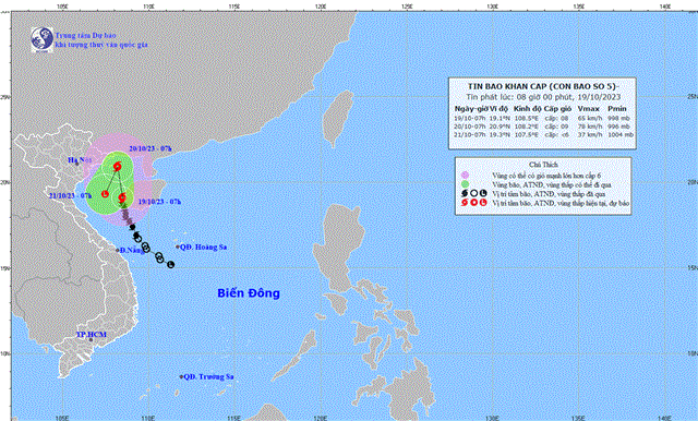 Tin bão khẩn cấp - Cơn bão số 5 - SANBA (Tin phát lúc 08h00 ngày 19/10/2023)