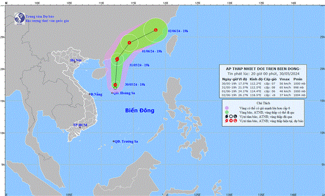 Tin Áp thấp nhiệt đới trên Biển Đông (tin phát lúc 20h00 ngày 30/05/2024)