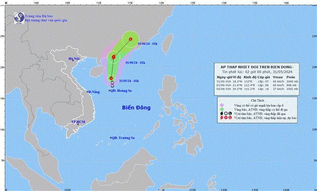 Tin Áp thấp nhiệt đới trên Biển Đông (tin phát lúc 02h00 ngày 31/05/2024)