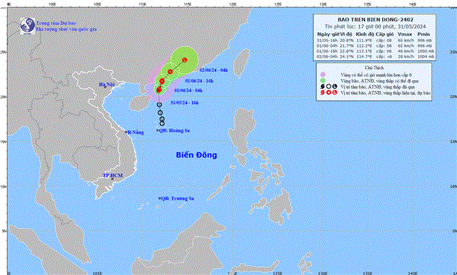 Tin bão trên biển Đông (Cơn bão số 1 - Tin phát lúc 17h00 ngày 31/5/2024)