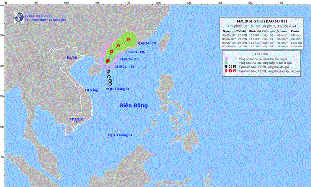 Tin bão trên Biển Đông (Cơn bão số 1 - Tin phát lúc 20h00 ngày 31/5/2024)