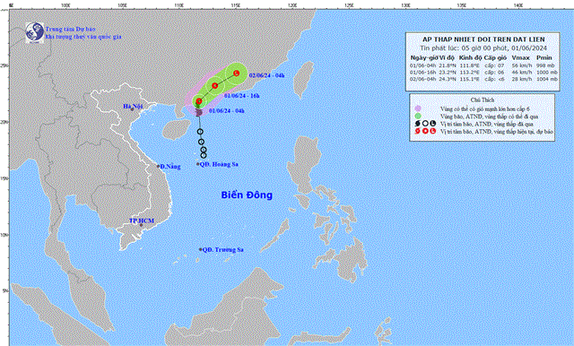 Tin áp thấp nhiệt đới trên đất liền (suy yếu từ Cơn bão số 1 - Tin phát lúc 05h00 ngày 01/6/2024)