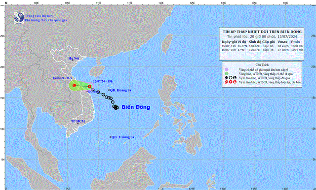 Tin áp thấp nhiệt đới trên biển Đông (Tin phát lúc 20h00 ngày 15/07/2024)