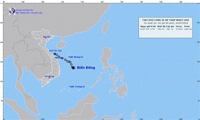 Tin cuối cùng về áp thấp nhiệt đới (Tin phát lúc 02h00 ngày 16/7/2024)