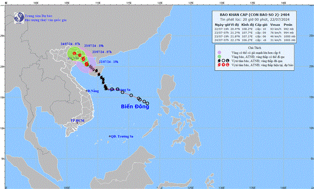 Tin bão khẩn cấp (Cơn bão số 2- Tin phát lúc 20h00 ngày 22/7/2024)