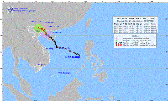 Tin bão khẩn cấp (Cơn bão số 2- Tin phát lúc 23h00 ngày 22/7/2024)