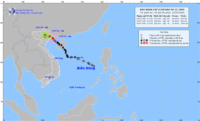 Tin bão khẩn cấp (Cơn bão số 2- Tin phát lúc 05h00 ngày 23/7/2024)