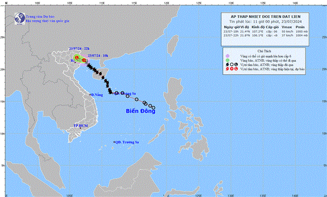Tin áp thấp nhiệt đới trên đất liền - suy yếu từ cơn bão số 2 (Tin phát lúc 11h00 ngày 23/7/2024)