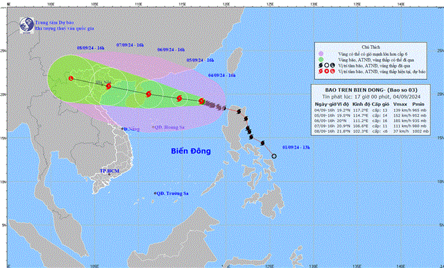 Tin bão trên biển Đông - Cơn bão số 03 (Tin phát lúc 17h00 ngày 04/09/2024)