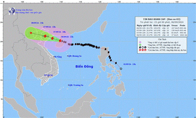 Tin bão khẩn cấp (Cơn bão số 3- Tin phát lúc 23h00 ngày 06/09/2024) 