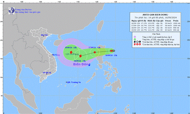 Tin áp thấp nhiệt đới gần biển Đông (Tin phát lúc 14h00 ngày 16/09/2024)