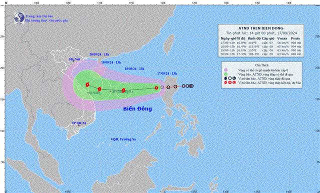 Tin áp thấp nhiệt đới trên biển Đông (Tin phát lúc 14h00 ngày 17/09/2024)