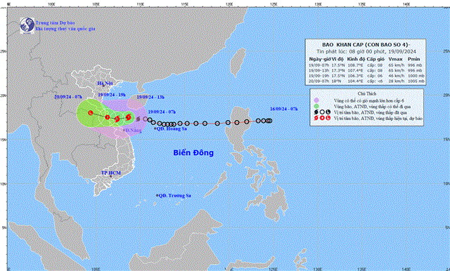 Tin bão khẩn cấp (Cơn bão số 4) (Tin phát lúc 08h00 ngày 19/9/2024)