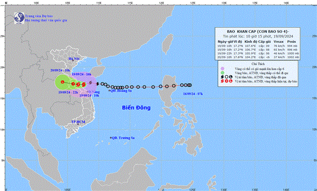 Tin bão khẩn cấp (Cơn bão số 4) (Tin phát lúc 10h15 ngày 19/9/2024)