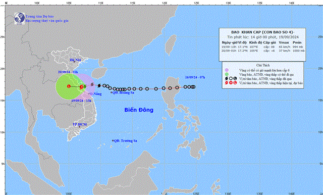 Tin bão khẩn cấp (Cơn bão số 04) (Tin phát lúc 14h00 ngày 19/09/2024)