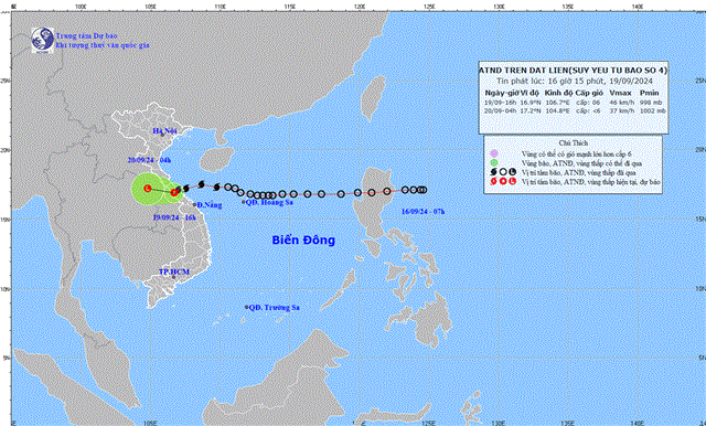 Tin áp thấp nhiệt đới trên đất liền - Suy yếu từ cơn bão số 4 (Tin phát lúc 16h15 ngày 19/09/2024)
