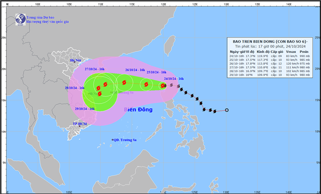 Tin bão trên biển Đông (Cơn bão số 6) - (Tin phát lúc 17h00 ngày 24/10/2024)