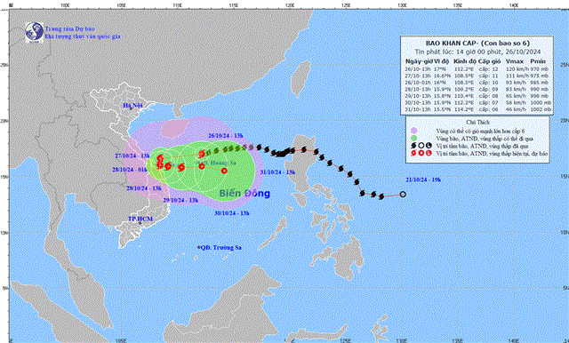 Tin bão khẩn cấp - Cơn bão số 06 (Tin phát lúc 14h00 ngày 26/10/2024)