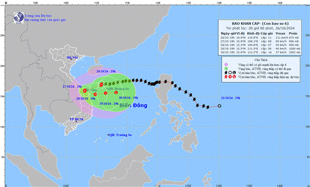 Tin bão khẩn cấp - Cơn bão số 06 (Tin phát lúc 20h00 ngày 26/10/2024)