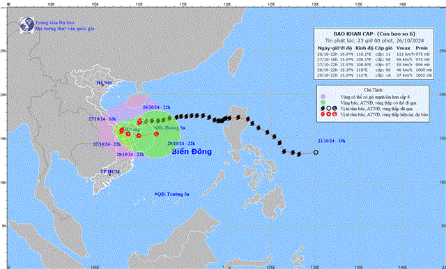 Tin bão khẩn cấp - Cơn bão số 06 (Tin phát lúc 23h00 ngày 26/10/2024)