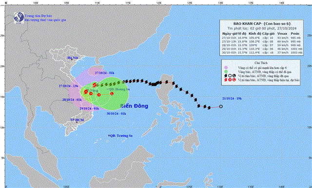 Tin bão khẩn cấp - Cơn bão số 06 (Tin phát lúc 02h00 ngày 27/10/2024)