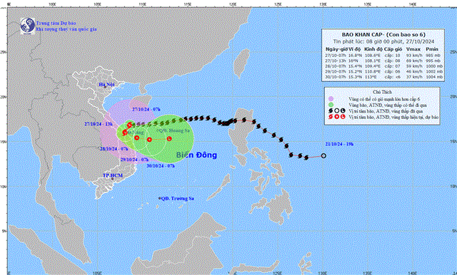 Tin bão khẩn cấp - Cơn bão số 06 (Tin phát lúc 08h00 ngày 27/10/2024)