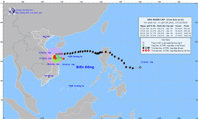Tin bão khẩn cấp - Cơn bão số 06 (Tin phát lúc 11h00 ngày 27/10/2024)